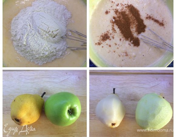 Добавляем постепенно муку и тщательно перемешиваем тесто для оладий. Добавляем по желанию корицу и мускатный орех. Чистим яблоко и грушу.