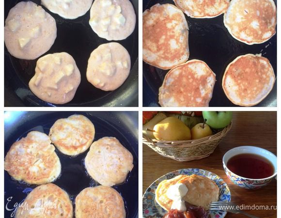 На следующее утро жарим оладьи на раскаленной сковородке с обеих сторон до готовности.
Подаем с любимым вареньем, джемом или со сметаной. 