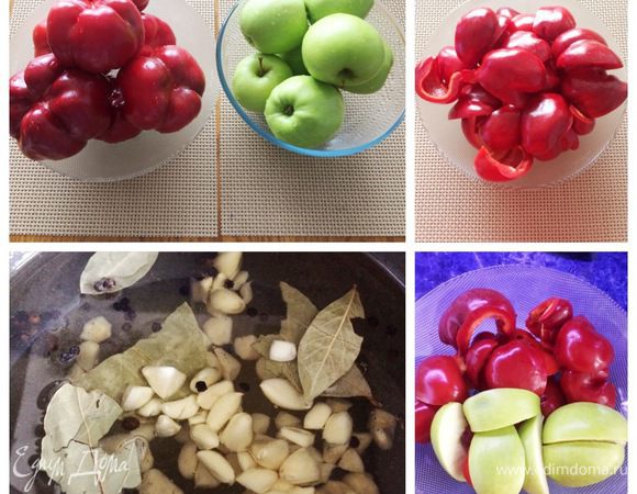 Для начала подготовим банки, в которые будем закатывать гогошары с яблоками. Моем их и стерилизуем (я это делаю в духовке).
Моем гогошары, чистим от семян и разрезаем на дольки. Я режу не очень мелко. Яблоки моем, чистить будем непосредственно перед тем как закладывать их в маринад, чтобы они не темнели.
Подготовим маринад, все закладываем в казанок и даем маринаду закипеть. Ингредиенты для маринада привожу на 1 порцию. Количество порций зависит, от количества маринуемых гогошар. В процессе приготовления можно добавлять ингредиенты для маринада, соблюдая пропорции. Я использовала не весь маринад, так как уже закатала сколько хотела гогошар (но не фотографировала) — это просто показательный рецепт с фото.
Прокипятить минут 5, чтобы все ингредиенты смешались. Для маринованных гогошар с яблоками я использую мед, кто боится кипятить мед, использует сахар. Но сразу скажу, вкус гогошар с медом все же отличается.