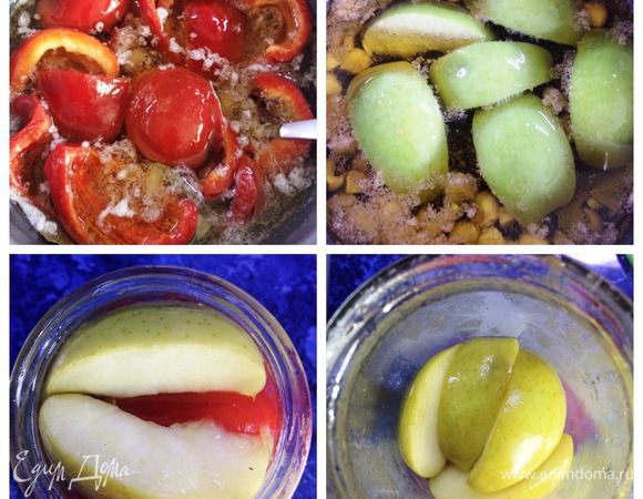 Партиями закладываем гогошары в маринад. После чего маринад начинает кипеть вместе с гогошарами, оставляем их кипеть около минуты. И быстро вынимаем и укладываем в банки, которые ставим рядом с казанком, так они будут теплыми. Гогошары укладываем по возможности плотно, но не портим внешний вид. Гогошары будем чередовать с яблоками, поэтому сразу раскладываем по нескольким банкам и накрываем крышкой. Следующий этап: разрезаем яблоко пополам, потом еще каждую часть на три дольки. Очищаем от семян и закладываем в казанок. Бланшируем яблоки в маринаде. Нужно следить, чтобы они не разварились. Как только цвет кожуры изменился, сразу аккуратно вынимаем и раскладываем поверх гогошар в банки. Повторяем процедуру до заполнения банок.