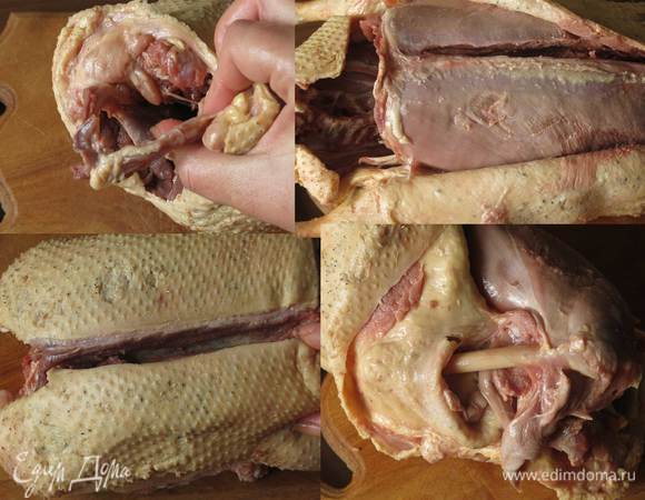 Готовим шкуру. Вырезаем вилочку. Делаем разрез вдоль тушки, освобождаем шкуру от мяса, чуть подрезаем жилы, все легко снимается руками. Крылья и лапы снимаем чулком, перерубаем косточки на концах. Все не так страшно, как кажется. У крылышек шкурка порвалась, порывы зашила. Птица была замороженная и молодая, поэтому, возможно возникли разрывы, с охлажденной птицей такие неприятности отсутствуют. Мелкие дырочки можно не штопать, все закрывается мясом, затягивается при длительном вываривании.
