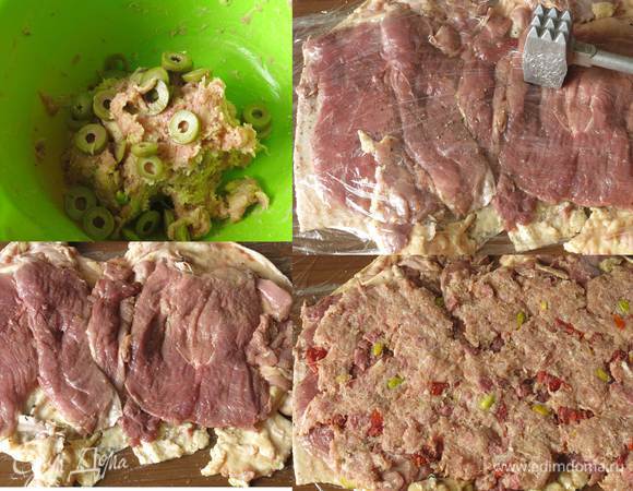 В половину фарша кладем оливки, во вторую часть — томаты. Выкладываем шкуру на пленку, солим, перчим, разрезаем каждую грудку на три части, кладем на шкуру. Отбиваем мясо через пленку. Мясо с более крупной птицы отбиваем отдельно с двух сторон. Выкладываем фарш с томатами. Слой фарша очень тонкий. Когда готовила впервые, переборщила с начинкой, часть ее вылезла за пределы утки при формировании рулета, так что лучше меньше положить мяса и фарша, хорошо его утрамбовать.