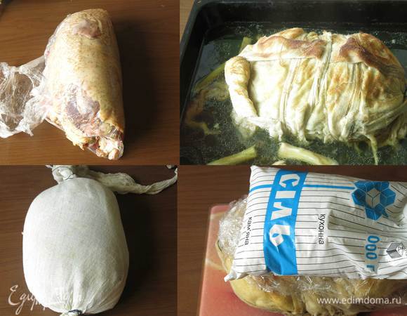 Сворачиваем рулет, помогаем пленкой. Перекладываем рулет на марлю, снимаем пленку, сворачиваем два слоя марли, концы рулета плотно закручиваем «конфетой», перевязываем плотно. Отвариваем при 70°С 1,5 часа или в духовке при 150°С 2,5 часа в бульоне с пореем, накрыв противень фольгой. Литр бульона оставляем для желе, процеживаем его. Даем галантину остыть в жидкости. Ставим на 12 часов под пресс в холодильник. Марлю (полотно) не снимаем.