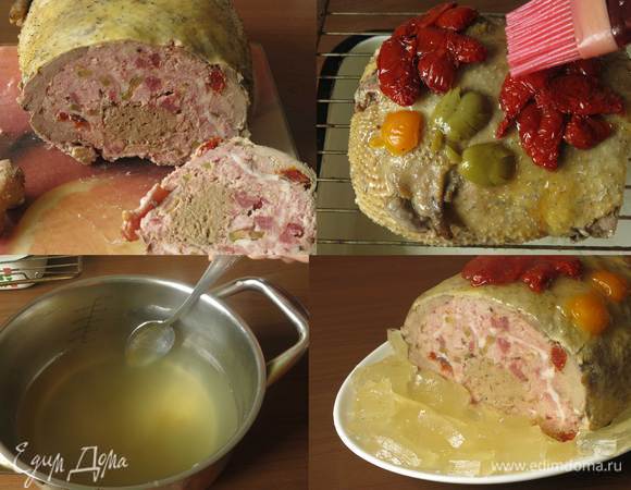 Снимаем марлю, вытираем салфеткой жир. Волнительный момент - первый разрез, что получилось. Готовим бульон-желе, нагреваем его, добавляем в чуть остывший желатин. Кладем галантин на решетку, на поддон, поливаем желе, даем закрепится в холодильнике, поливаем еще раз, и так пока не закончится желе. По желанию украшаем: рисунок осенний — кленовые листья из томатов, березовые — желтый перец, оливки — зеленые листья, все части рисунка заливаем желе.