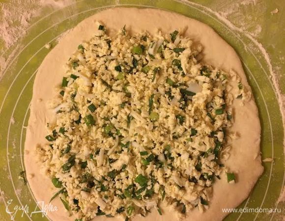 Тесто разделить на 2 части. Одну часть теста слегка раскатать, выложить половину начинки.