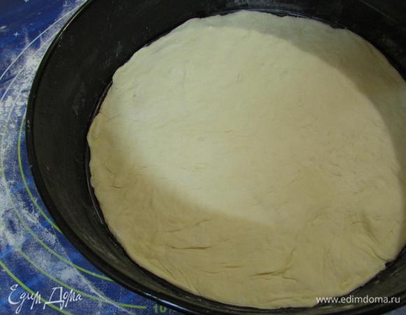 Разъемную форму (у меня 25 см) смазать сливочным маслом, присыпать мукой. Лишнюю муку стряхнуть. На дно формы выложить маленький кусочек теста, разровнять по поверхности.