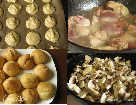 Выкладываем тесто кружками на противень. Выпекаем при 180°С 35 минут, время зависит от духовки. Духовку при выпекании не открывать! Поджариваем печень куриную и грибы.