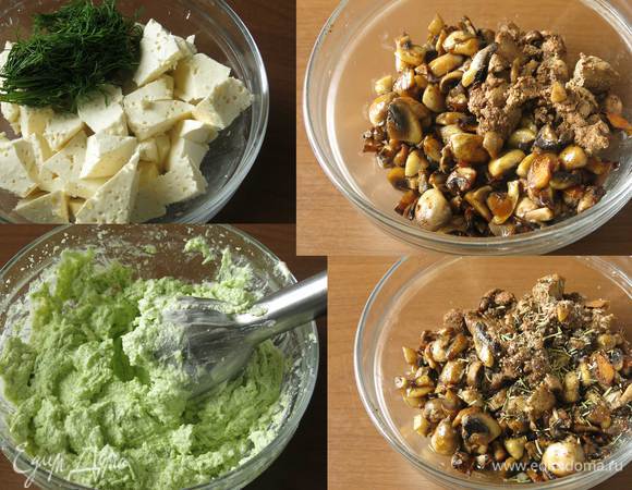 Соединяем имеретинский сыр с зеленью, добавляем домашний майонез или сметану. Измельчаем. Грибы и печень соединяем. Солим, перчим, кладем розмарин.