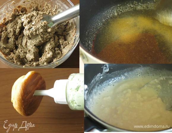 Измельчаем массу блендером. Начиняем эклеры. Разводим в 4 ст. л. воды желатин, расплавляем в нем плавленый сыр.