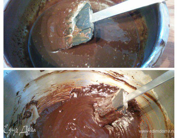 2 ст. л. получившейся «смеси» ввести в растопленный желатин, тщательно размешать. Теперь можно ввести всю желатиновую массу в шоколад.