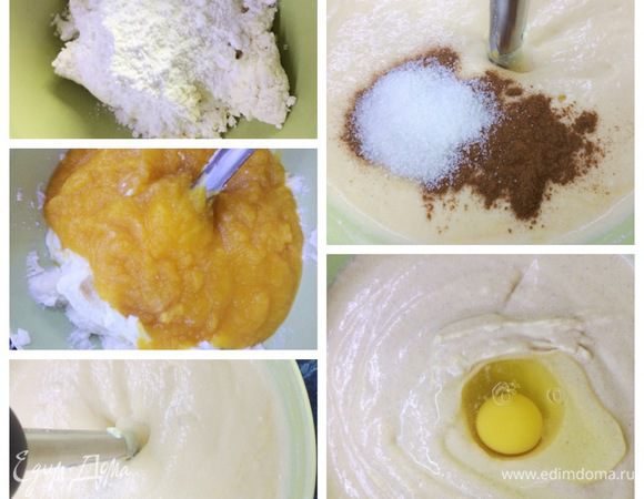 Тем временем подготовим начинку. У меня было готовое тыквенное пюре. Я запекаю тыкву в духовке, пюрирую и держу в холодильнике, использую по мере необходимости.
Творог с сахарной пудрой при помощи погружного блендера превратить в пастообразную массу, чтобы не осталось никаких крупинок (стараемся для деток). Добавить тыквенное пюре, хорошо все взбить. Затем добавить ванильный сахар с корицей и опять все взбить. В конце добавляем по одному яйца, после каждого хорошо взбивая. Начинка готова.
