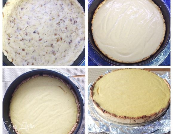 Форму с застывшим коржом отправляем в разогретую до 180°С духовку и выпекаем его до золотистого цвета, минут 15, зависит от толщины коржа и от самой духовки (следите за своей духовкой). Немного охлаждаем корж.
На подостывший корж выливаем начинку, распределяем ее аккуратно и равномерно. У меня духовка капризная, поэтому сам чизкейк я выпекала на водяной бане, иначе он бы сгорел. Если у вас проблем нет, то выпекайте чизкейк просто в духовке до готовности минут 45 — 50 (следим за духовкой).
Готовый чизкейк охлаждаем и отправляем в холодильник часов на 6 (у меня на ночь).
