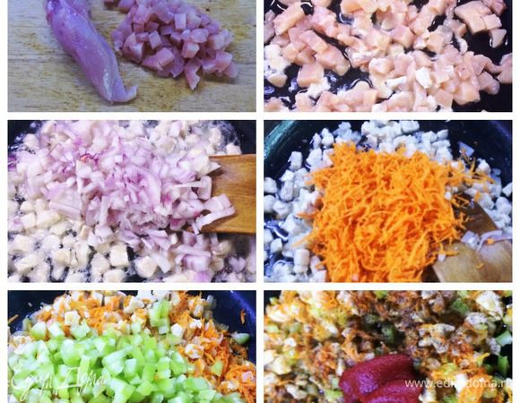 Для начинки тщательно промываем мясо, промокаем салфетками. Режем кубиком и отправляем обжариваться на масле в сковородку. Чистим овощи и так же поэтапно добавляем к мясу. Лук немного обжариваем, морковь, болгарский перец. Тушим под крышкой. Добавляем томатную пасту, солим, перчим по вкусу.
