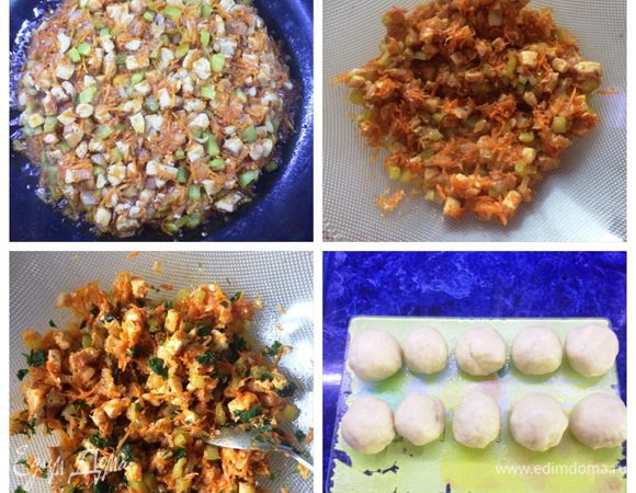 Тушим все вместе еще минут 5 — 7. Перекладываем начинку в другую емкость, чтобы быстрее остудить, изредка перемешивая. К остывшей начинке добавляем зелень петрушки (по желанию).
Пока охлаждается начинка, тесто уже остыло,можно его разделить на порции. У меня из данного количества ингредиентов получилось 10 колобочков.
