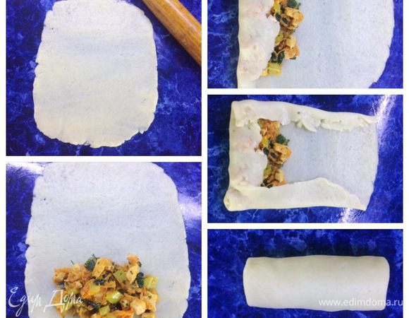 Приступаем к формированию трубочек. Раскатываем колобок в прямоугольник, накладываем начинку (зрительно поделим всю начинку на 10, чтобы хватило на все трубочки). Заворачиваем край на начинку, затем также боковые края подгибаем и скручиваем трубочку (на фото виден процесс).
