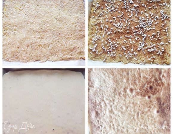 На застеленный пекарской бумагой противень выкладываем яблочную начинку. При помощи спатулы равномерно распределяем всю начинку. Сверху посыпаем корицей и семечками/орешками. На начинку выкладываем тесто и также равномерно распределяем. Отправляем противень в разогретую до 190°С духовку и запекаем минут 20 (следим за своей духовкой).
