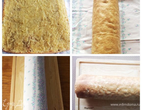 По истечении времени вынимаем противень из духовки, накрываем корж чистым полотенцем и аккуратно переворачиваем. Получаем корж начинкой сверху. При помощи полотенца скручиваем рулет и оставляем его остужаться.