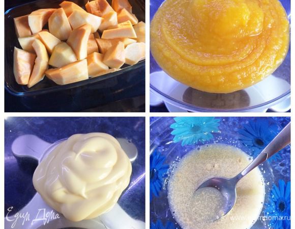 Для выпечки этого хлеба нам понадобится тыквенное пюре. Я запекаю тыкву в духовке, затем пюрирую ее блендером. Можно ее также отварить (по желанию).
Сухие дрожжи, смешиваем с 1 чайной ложкой сахара, добавляем теплую воду и оставляем минут на 10 для их активизации. 
Взвешиваем тыквенное пюре и майонез.  