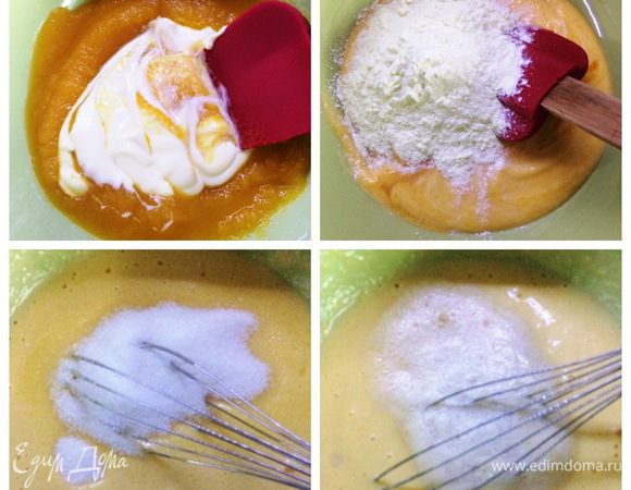 Смешиваем пюре с майонезом. Добавляем сухое молоко и остальной сахар, соль, все хорошо взбиваем. Затем добавляем дрожжи, перемешиваем смесь до однородности.