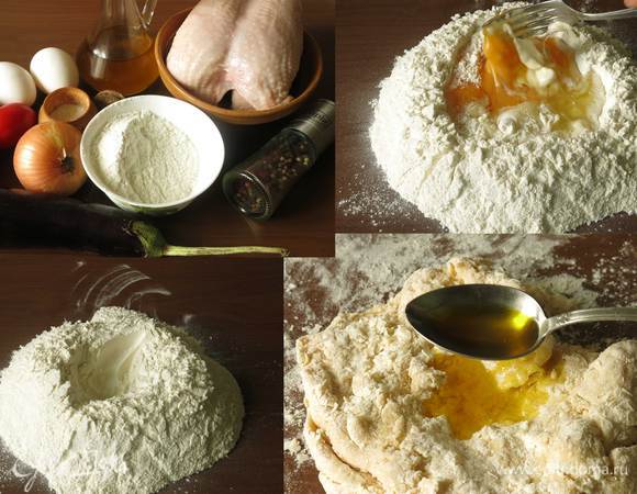 Подготовим муку, яйца и масло горчичное для теста. Начинка: филе куриной грудки, баклажан, лук, орехи, соль, перец. Соус: масло сливочное, мука, сметана, бульон. На первом фото не все компоненты, так как состав блюда определялся по мере приготовления. Муку просеиваем, высыпаем горкой с кратером, вбиваем 4 яйца, солим. Вилкой сбиваем яйца и начинаем захватывать муку, замешивать. Добавляем ложку горчичного масла, рекомендую использовать Biolio, это придаст оттенок вкуса горчицы, чуть добавит цвета, яркости тесту, золотистого оттенка. Кроме этого, тесто для каннеллони будет более эластичным.