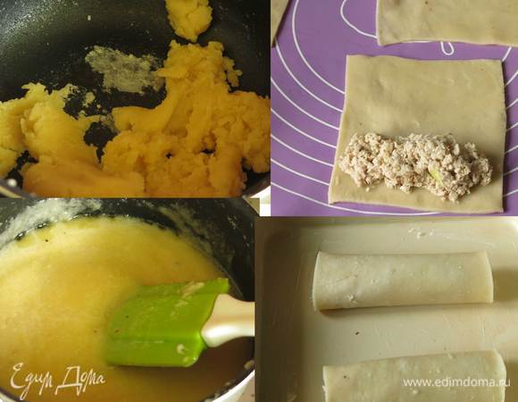 Готовим соус: 50 г масла сливочного растапливаем, всыпаем 50 г муки, нагреваем. Вливаем сметану, 5 минут прогреваем помешивая, добавляем 1 — 2 ложки бульона (замена сметаны и бульона — молоко).
Выкладываем начинку на пласт теста, заворачиваем. Теперь отклонение от классики, начиняем концы каннеллони, начинка должна образовывать плотное "бревно" иначе при запекании концы деформируются. Кладем первые две трубочки каннеллони параллельно. На них «срубом» еще две.  