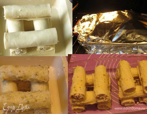 Складываем колодец, смазывая соусом «бревна» каннеллони. Чуть соуса кладем внутрь колодца для сочности. Сборку лучше проводить в форме, смазанной маслом. Всего получилось три колодца, три бревна, остатки половинки ведра. Накрываем фольгой и ставим в духовку при 180°С на 15 минут. Снимаем фольгу и еще запекаем 5 — 7 минут при конвекции.