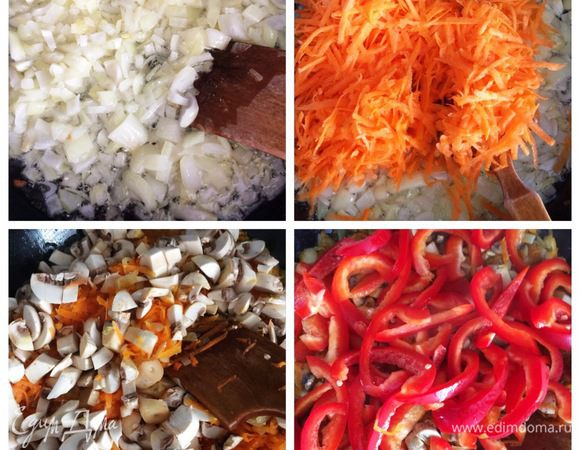 Подготовим начинку для голубцов. Моем и чистим овощи. Режем кубиками лук, отправляем в сковороду с растительным маслом на обжарку.  Морковь трем на крупной терке и отправляем к луку, пассируем. Режем кубиком шампиньоны и отправляем к овощам тушиться. Перец болгарский мясистый (у меня гогошар) режем соломкой, мне нравится, когда перец крупно порезан, вы можете также кубиком нарезать. Все это тушим.