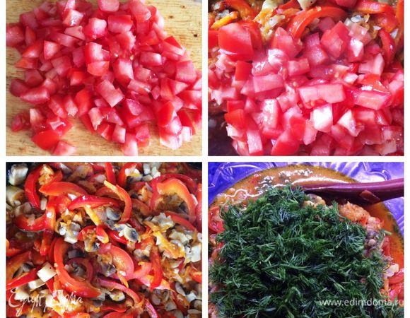 Далее режем кубиком помидор и отправляем в сковородку. Солим и перчим овощную смесь по вкусу. Тушим минут 15 и выкладываем в емкость для охлаждения. Добавляем нарезанную зелень укропа. Начинка для голубцов готова.