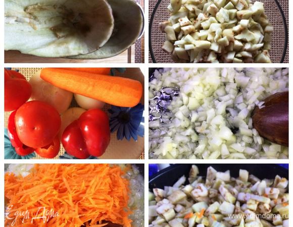 Для соуса к голубцам я взяла большой баклажан. Хотела почистить от шкурки и только мякоть использовать. Затем передумала и решила и сам баклажан нафаршировать. Разрезала его пополам, вырезала мякоть. Нарезала ее кубиком. Повторяем процесс тушения овощей как для начинки для голубцов. Только вместо шампиньонов уже добавляю нарезанную мякоть баклажан. 