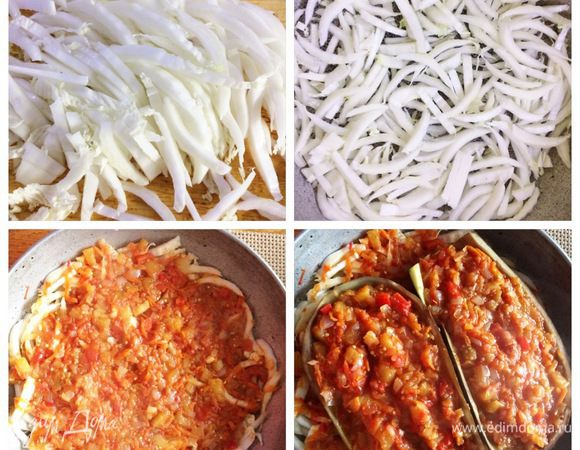 Вырезанную плотную нижнюю часть пекинской я нашинковала (используем все по максимуму) и уложила на дно чугунной сковородки, в которой запекала голубцы. Затем сверху разложила часть соуса с баклажаном. Укладываем половинки баклажанов и наполняем их также соусом (его много получилось).