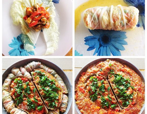 Начинаем крутить голубцы. На остывшие листья выкладываем начинку с шампиньонами и сворачиваем голубец. Размер голубца зависит либо от размера капустного листа, либо от вашего желания. У меня был домашний обед, поэтому по поводу размера я точно не заморачивалась. Каким был лист, таким получался голубец, чуть больше или чуть меньше. Голубцы укладываем вокруг баклажана. Фаршированные баклажаны я присыпала резанной зеленью петрушки. На голубцы распределяем оставшийся соус.