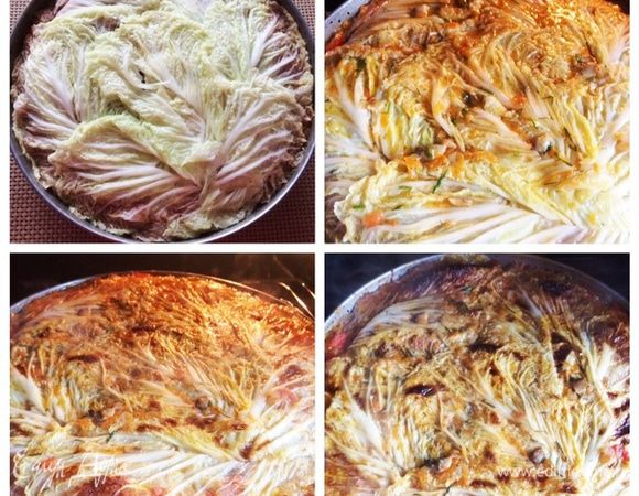 Сверху застилаем листьями пекинской капусты и заливаем соусом, стекшим из начинки, т.к. она овощная, нет ни риса, ни крупы, то выделился и сок, мы им и заливаем наше блюдо. Форму или сковородку отправляем в разогретую духовку до 180°С и запекаем минут 30 — 40. При необходимости накрываем сверху либо крышкой, либо фольгой (в моем случае). Я выпекала 30 минут, выключила духовку и оставила еще минут на 20.