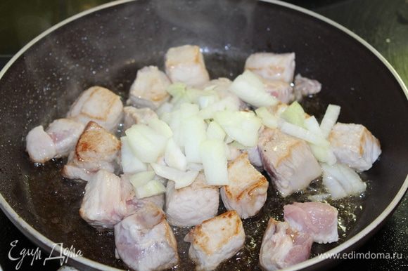 Мясо нарежьте кубиками, обжарьте слегка, добавьте мелко нарезанный лук.