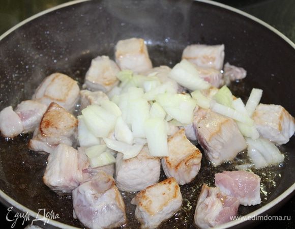Мясо нарежьте кубиками, обжарьте слегка, добавьте мелко нарезанный лук.