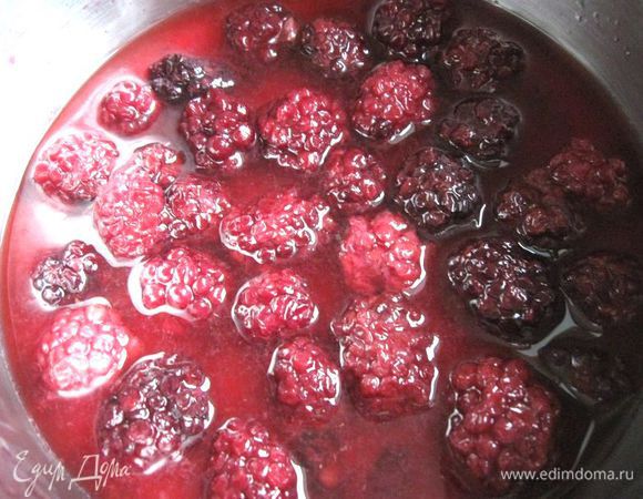 Сварить желе. Ежевику разморозить, добавить сахар, воду, проварить несколько минут после закипания. Пропустить через сито, ложкой выдавить мякоть. Дать полностью остыть. Добавить агар-агар, размешать, довести до кипения и проварить на медленном огне 2 минуты. Дать остыть. Мисочку, где желе размещено тонким слоем, поставить в холодильник на 7 — 10 минут.
