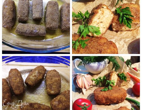 Подготовим форму для выпекания котлет, смазав ее оливковым маслом. Укладываем котлеты в форму и отправляем в разогретую до 180°С духовку выпекаться минут 30. Следим за духовкой, я перевернула котлеты один раз.
Готовые котлеты подаем со свежими овощами, салатом, кто желает с пастой или другим гарниром.