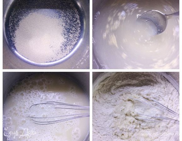 В миске/кастрюле смешиваем сахар, соль, дрожжи (у меня сухие, 1 пакетик=7 г). Добавляем теплую воду (не горячую) и перемешиваем. Затем аккуратно всыпаем просеянную муку и также тщательно перемешиваем.