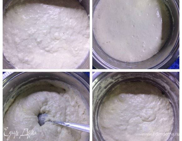 Полученное тесто накрываем чистым полотенцем и оставляем в тепле на 20 минут (я держу в чуть теплой духовке при режиме включенной лампы). Через 20 минут тесто просто перемешиваем ложкой и отправляем уже на 40 минут в теплое место.