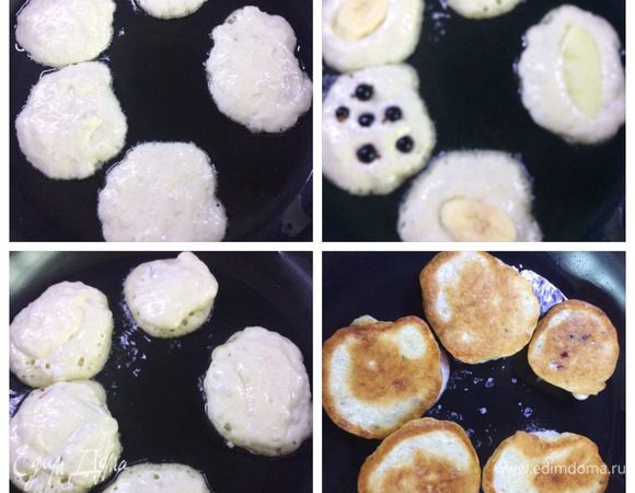 Затем распределяем на один блин смородину, на другой — дольку яблока, на следующий — банан (но это на ваш вкус). Берем еще немного теста и раскладываем поверх ягод/фруктов. 
Жарим оладьи с обеих сторон до готовности.