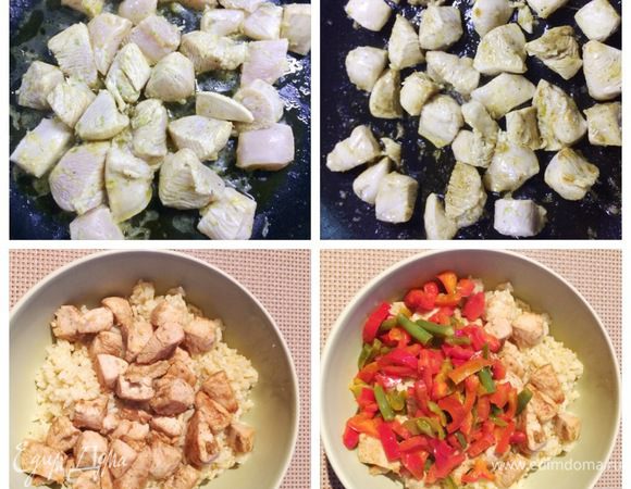 Обжариваем кусочки куриного филе до готовности. Солим, перчим по вкусу. Я на каждом этапе солила и перчила составляющие салата по вкусу. Можно этого не делать, а уже в конце весь салат посолить и поперчить (как вы привыкли, так и делайте). Соединяем рис с курицей и овощами.  