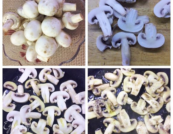 Для подачи блюда нам понадобятся грибы.
Моем, чистим, режем на пластины. Обжариваем на оливковом масле. Солим, перчим по вкусу. 