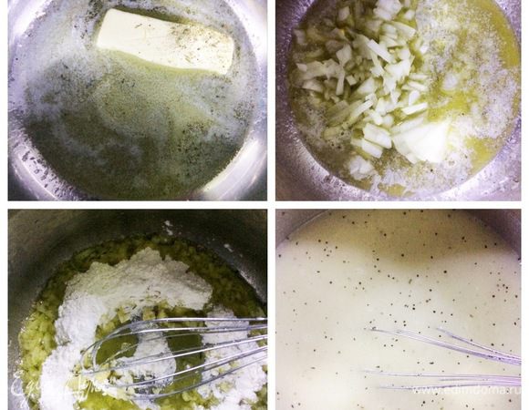 Готовим куриный крем.
В сотейнике растапливаем сливочное масло в небольшом количестве оливкового масла, добавляем лук-шалот (у меня репчатый), томим до мягкости лука. Затем добавляем муку и все быстро перемешиваем. Выключаем газ.
К полученной смеси добавляем куриный бульон, аккуратно перемешиваем, чтобы не образовались комочки. Включаем газ и варим до загустения.