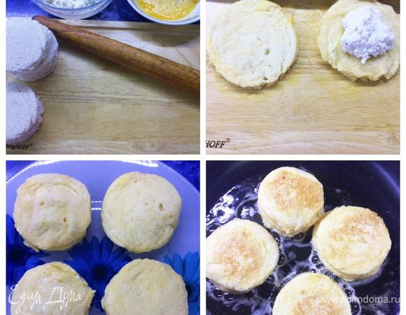 Яйца взбить. Обмакиваем кружочки хлеба в яйцо и раскатываем скалкой аккуратно, чтобы не порвать хлеб. После каждой раскатки, скалку лучше протирать, чтобы хлеб не прилипал. На один кружок выкладываем сырную начинку. Другим кружочком, также в яйце и раскатанным, накрываем и прижимаем края пальцами. Равиоли хорошо слипаются. Подготовим все равиоли, затем будем их обжаривать. Количество равиоли зависит от количества едоков или от их аппетита. Соответственно, ингредиенты надо будет увеличить.
Обжариваем равиоли с двух сторон на масле, оставшемся после обжарки грибов.   