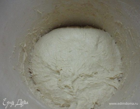В большую емкость (у меня это кастрюля на 7 литров) вылить опару, оставшуюся воду, масляную смесь и начинайте подсыпать муку и замешивать тесто. Количество муки не совсем точное. Вы все знаете, что трудно это сделать. Я просто взвесила пакет с оставшейся мукой и поняла, что мне потребовалось 1 кг 50 г муки. Я вымешиваю тесто минут 10. Оно получилось гладким и приятным на ощупь. Оставляю для подъема и увеличения в объеме не менее, чем в три раза.