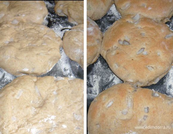 Лепешки выкладываем на присыпанный мукой противень. Противень должен быть теплым.  Есть два варианта выпекать лепешки: 1. отправляем в заранее разогретую духовку до 220°С на 10 — 15 минут, пока лепешки не станут светло-золотистого цвета. 
2. я выпекала в заранее разогретой до 180°С духовке 30 минут. 