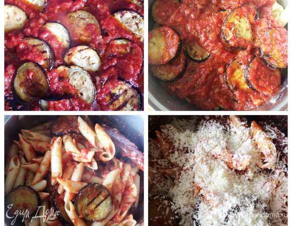 Обжаренные баклажаны отправляем в сковородку с томатным соусом (соус пробуем, может слишком кислый, и понадобится немного сахара, зависит от помидоров, мне не нужен был). Томим все вместе минут 5 — 7. 
Откидываем пасту, выкладываем соус с баклажанами, смешиваем. Добавляем тертую брынзу/рикотту (количество зависит от того, насколько соленая брынза, так что пробуйте, не перестарайтесь) и еще раз перемешиваем аккуратно, чтобы баклажаны остались целыми. 