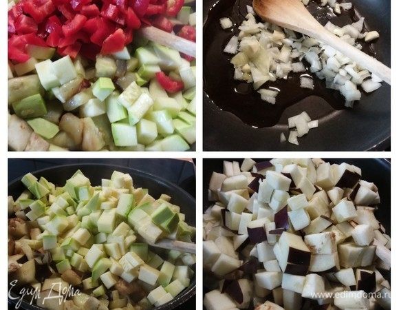 Обжарить на разогретом масле до золотистой корочки. Вначале пассеровать лук и чеснок, затем добавить последовательно баклажаны, кабачки, перец. Посолить, поперчить и добавить любимые специи и зелень (у меня тимьян и базилик). 