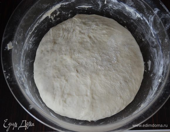 В подошедшее тесто вмешать оставшуюся муку и замесить гладкое тесто. Разделить на 4 части.