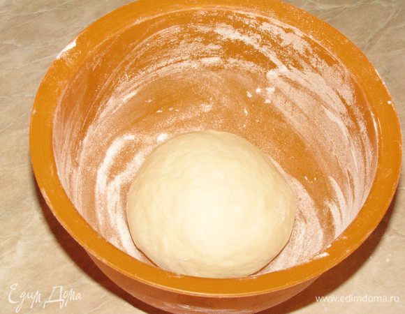 Замесить мягкое эластичное тесто. Вымешивать примерно минут 10, пока тесто не перестанет липнуть к рукам. Собрать тесто в шар, переложить в миску, обсыпанную мукой, накрыть крышкой или полотенцем и поставить в теплое место для подъема, примерно на 1—2 часа, в зависимости от того, как сработают дрожжи.