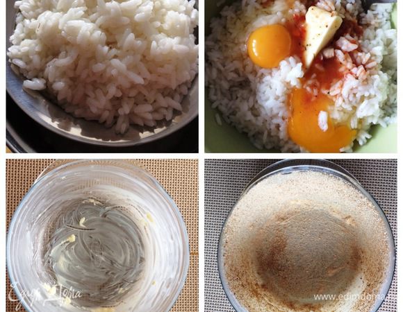 Пока готовится начинка, отвариваем в подсоленной воде рис al dente. Откидываем на сито и даем воде стечь.
К готовому рису добавляем несколько ложек образовавшегося соуса (жидкости, без мяса и овощей), 2 яйца, тертый пармезан и сливочное масло. Все перемешиваем. Рис готов.
Подготовим форму, в которой будем запекать наше блюдо. У меня стеклянная кастрюля на 2,5 литра. Можно использовать казанок. В оригинале форма должна быть полукруглой, но у меня какая есть в наличии.  
Смазываем форму сливочным маслом и обсыпаем молотыми сухарями. 
